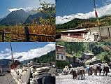 308 Nilgiri From Larjung, Prayer Wheels At Larjung And After Larjung, Donkey Train Near Kalopani UL Nilgiri Central (6940m) and Nilgiri South (6839m) across from Larjung.  UR By the time I got to Khobang's twin-village of Larjung (2560m) the clouds totally covered Dhaulagiri. The Sherpas took us by way of Larjung, no doubt so that they could spin the prayer-wheels (Maurice Herzog, Annapurna). LL At the bend in the river between Larjung (2560m) and Kalopani (2530m) is the deepest gorge in the world. Annapurna I (8091m) and Dhaulagiri (8167m) are 35km apart on either side of the valley, while the bottom of the valley is at 2540m. LR: Donkey trains are a common feature on the west side of the Annapurna region and are used to ferry goods between the remote mountain villages.